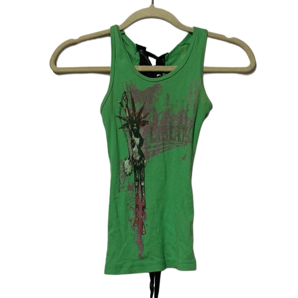 Y2K Folter Green Statue of Liberty Graphic Lace Up Back Tank Top